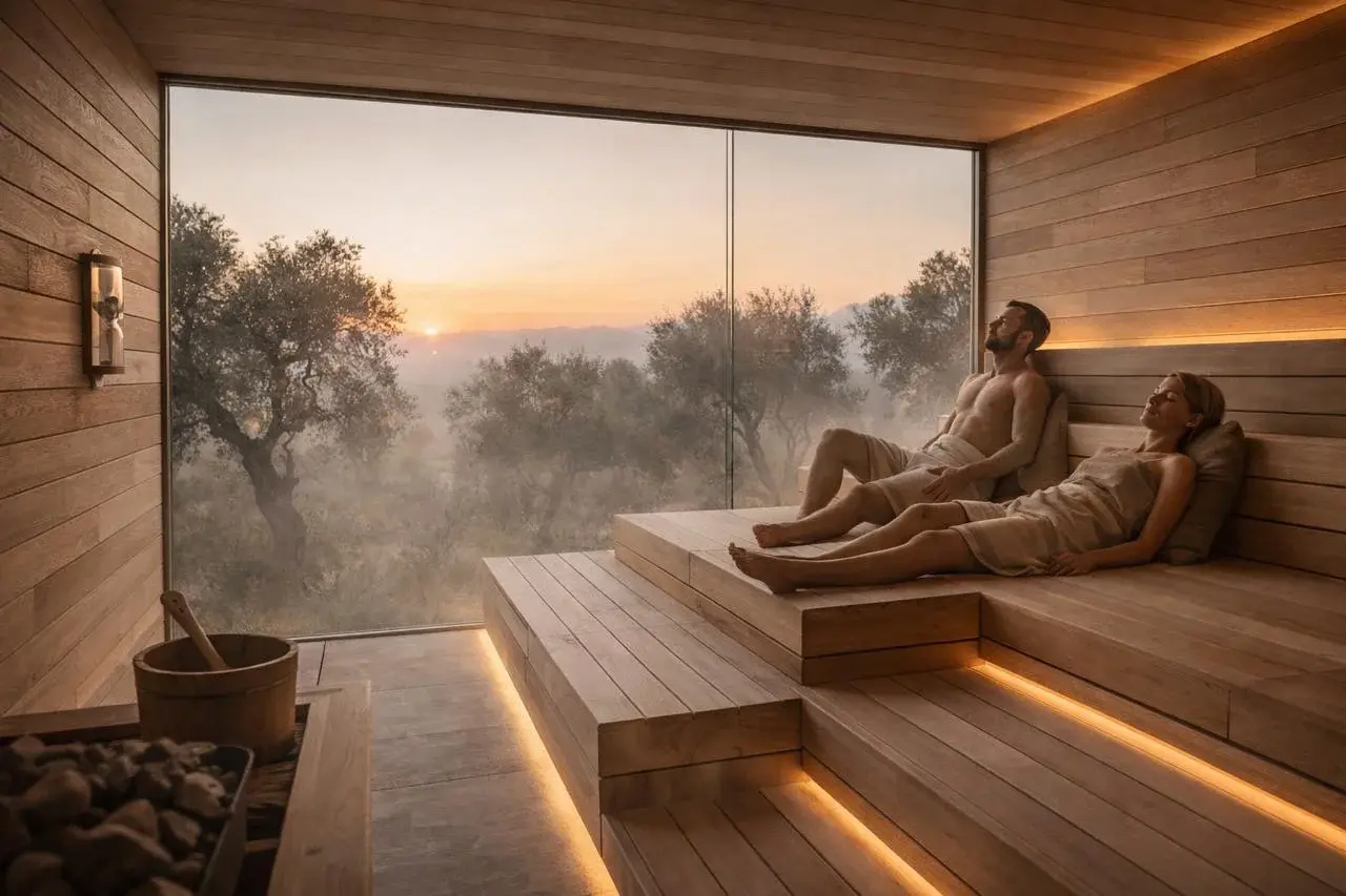 Panoramik gün batımı pencereli sauna