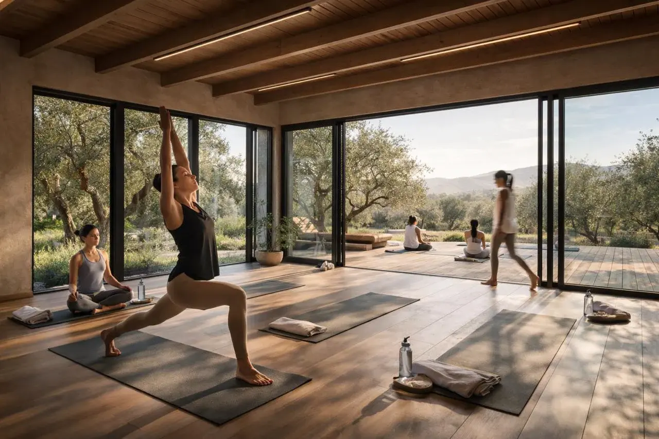 Peyzaja açılan cam duvarlı yoga stüdyosu