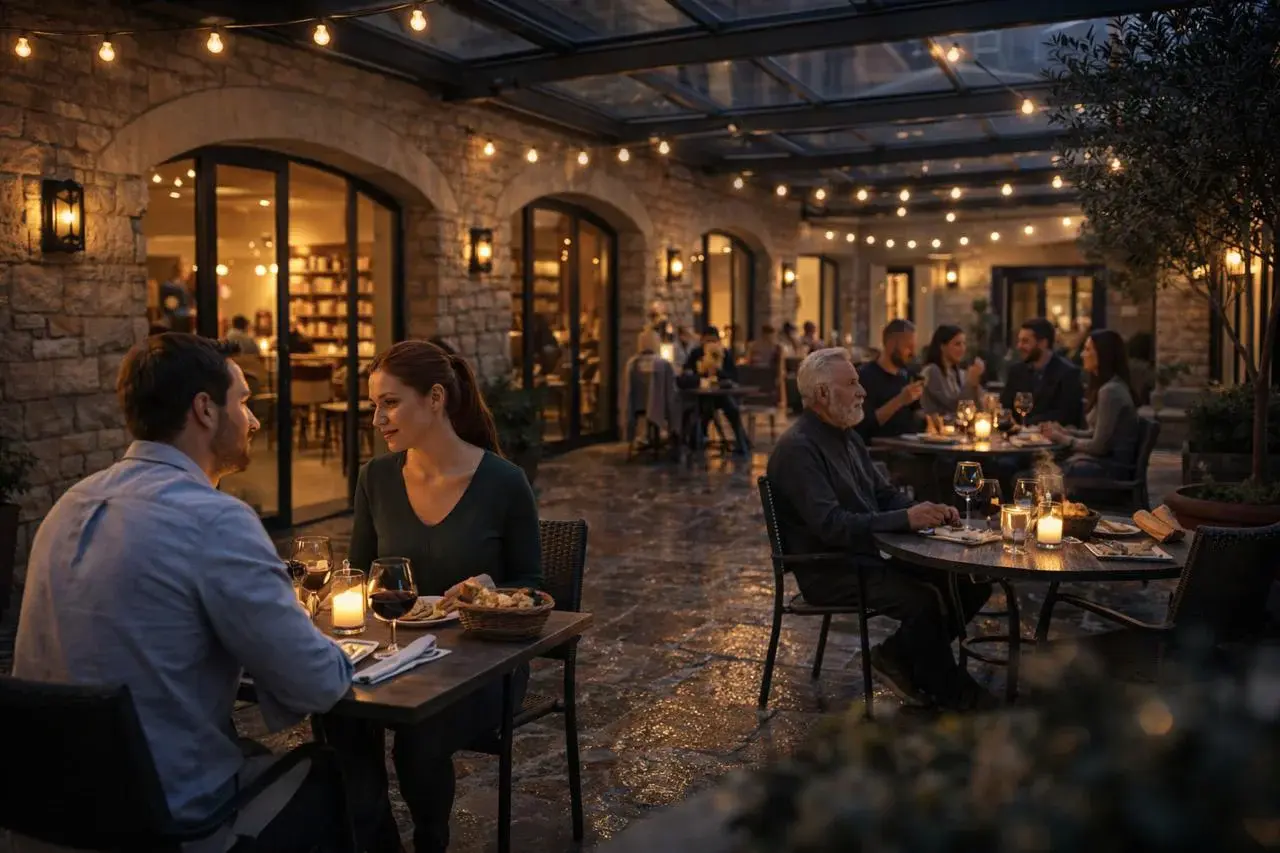 Gece restoran terası, ışık dizileri
