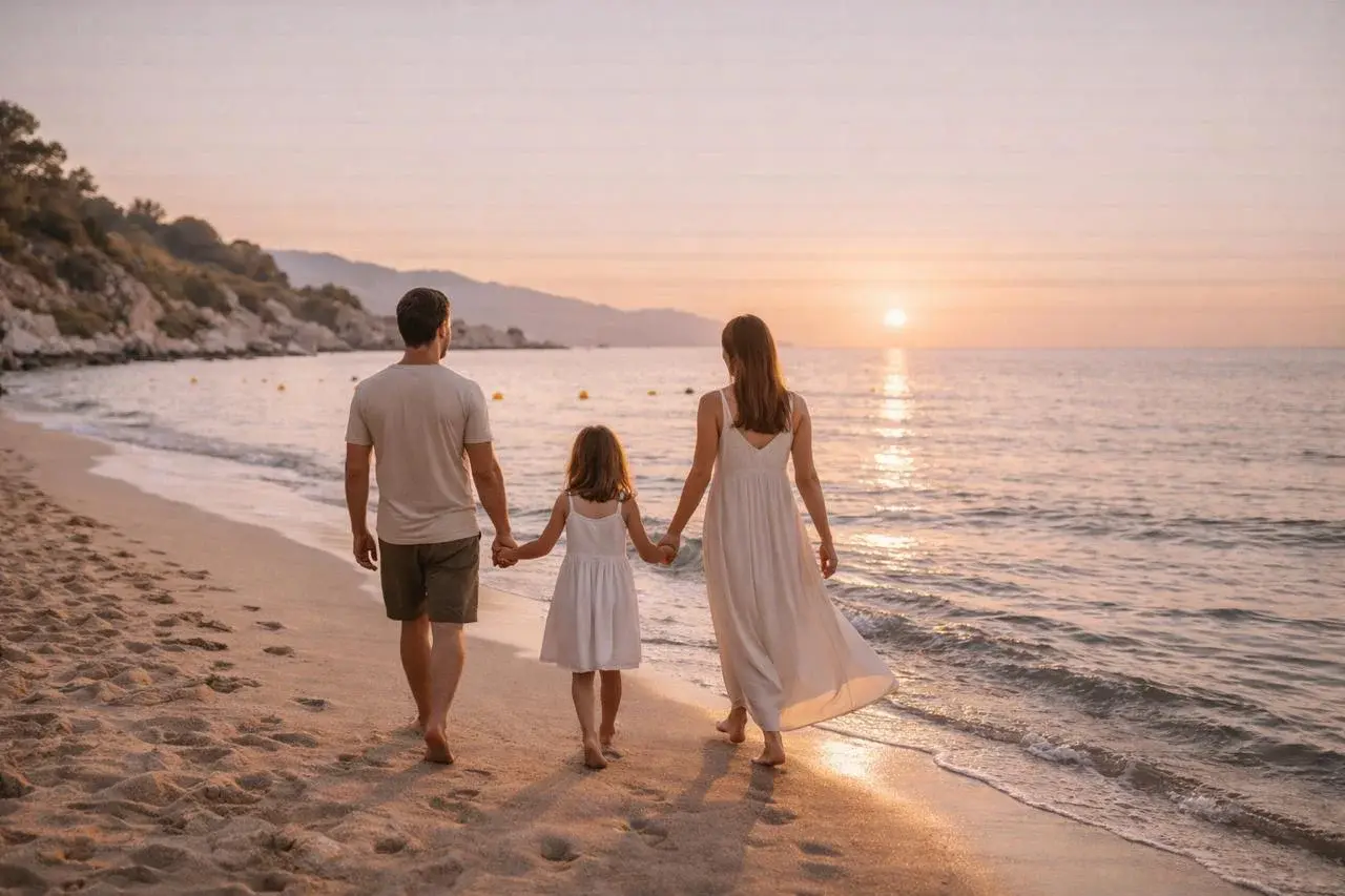 Gün batımında sahilde yürüyen aile