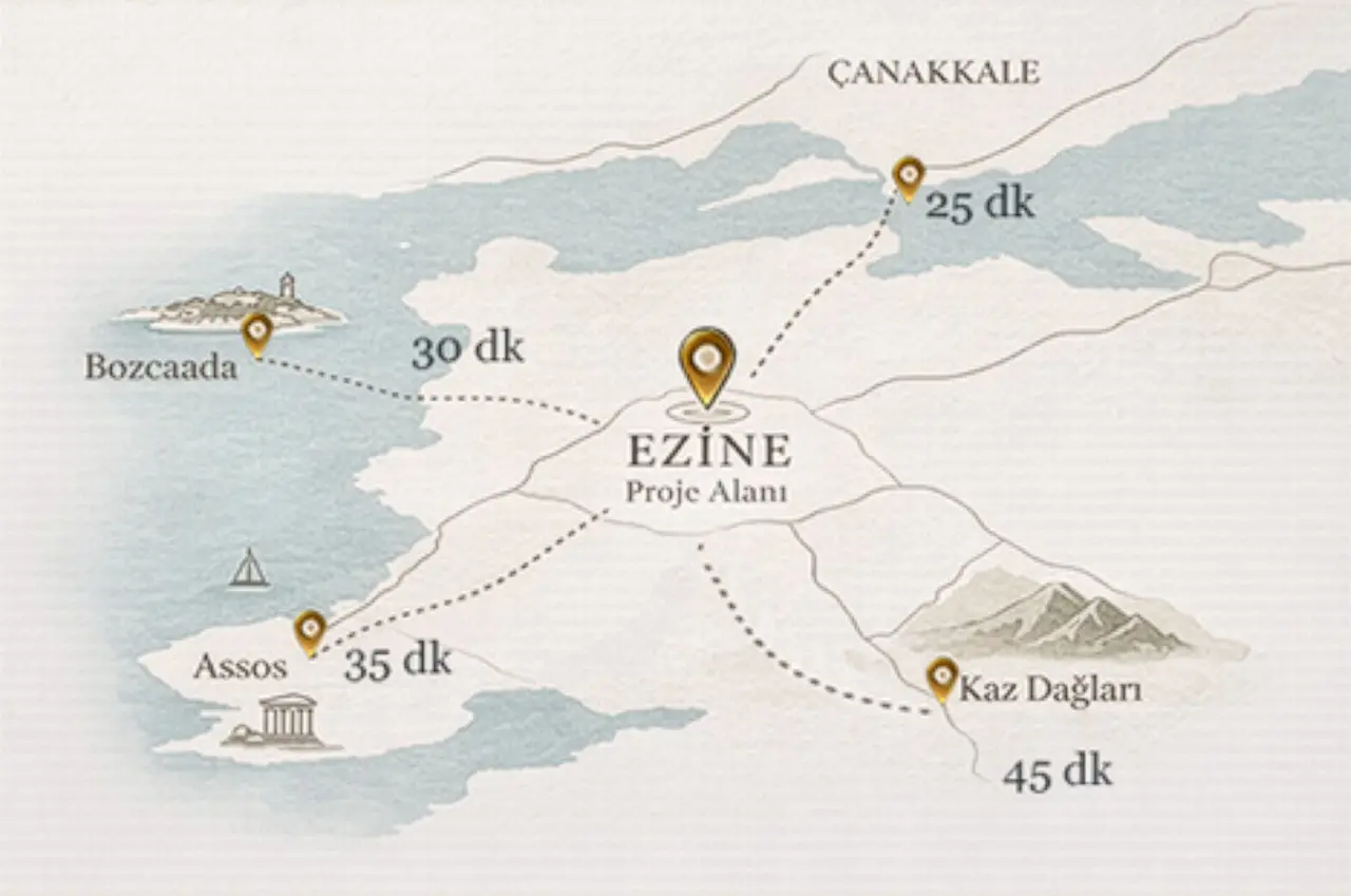 Ezine'den çevre noktalara mesafe haritası